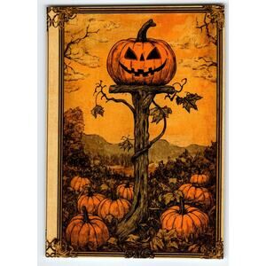 Vintage Halloween Photochrome Postcard Jack-O'-Lantern Pumpkin Art
